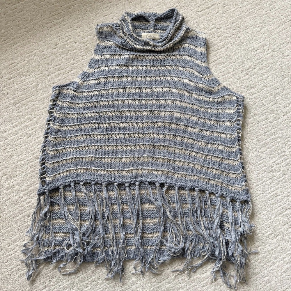 Elan Blue Cream Striped Fringe Knit Sleeveless Turtleneck Top L Coastal Cowgirl